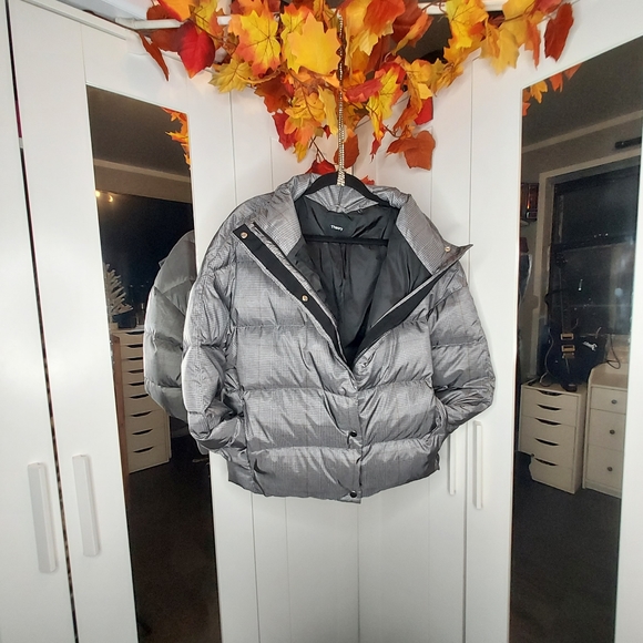 Theory High Neck Puffer Womens Jacket L Large Grey Glen Plaid Down Coat $455 - Picture 6 of 9